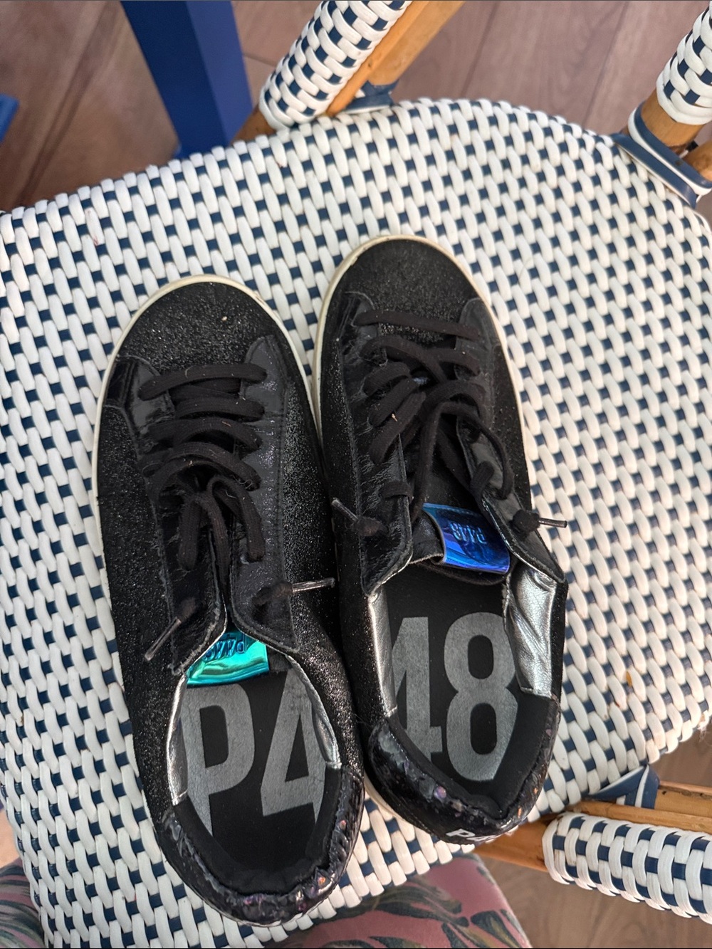 P448 Black Glitter Low-Top Sneakers with Metallic Blue Tongue Tab size 40